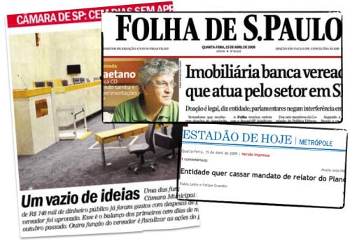 Recorte de jornais de São Paulo com notícias da Câmara Municipal